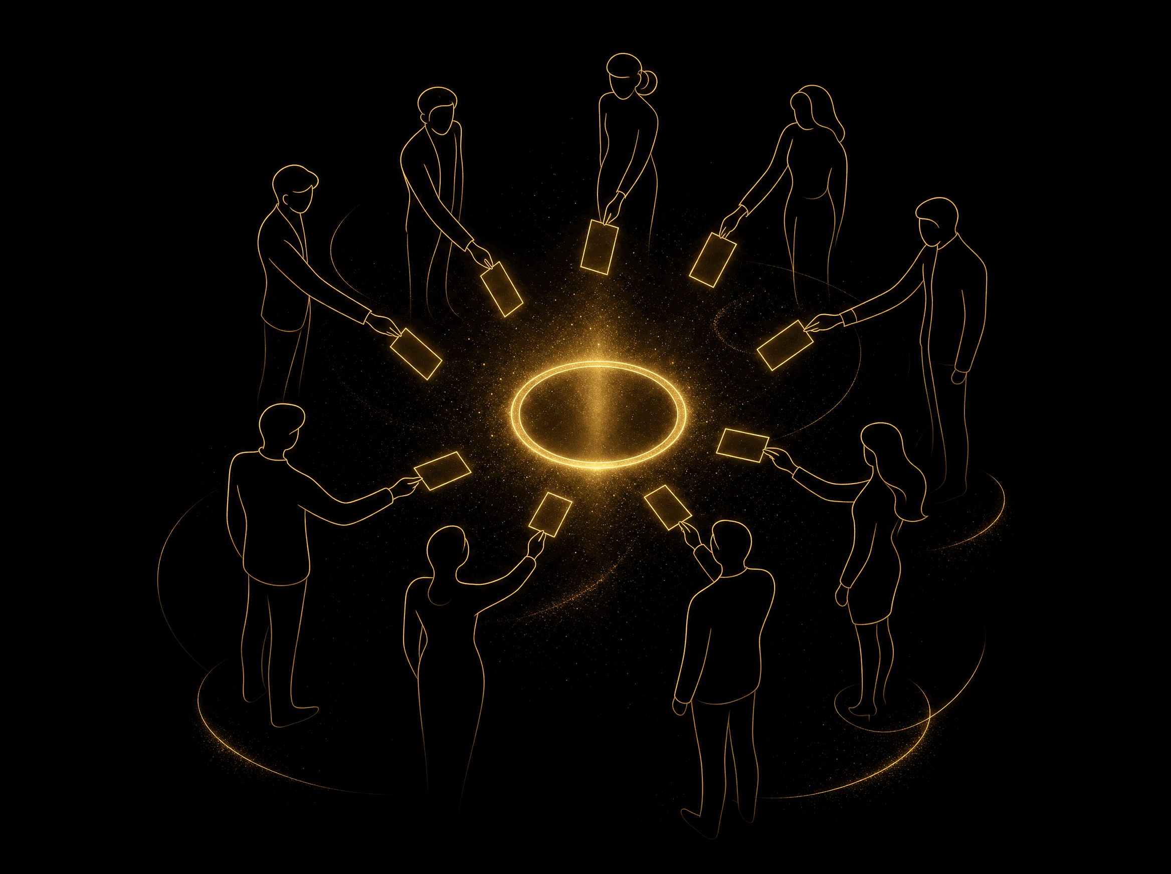 Illustration en trait doré : un cercle de silhouettes votant anonymement